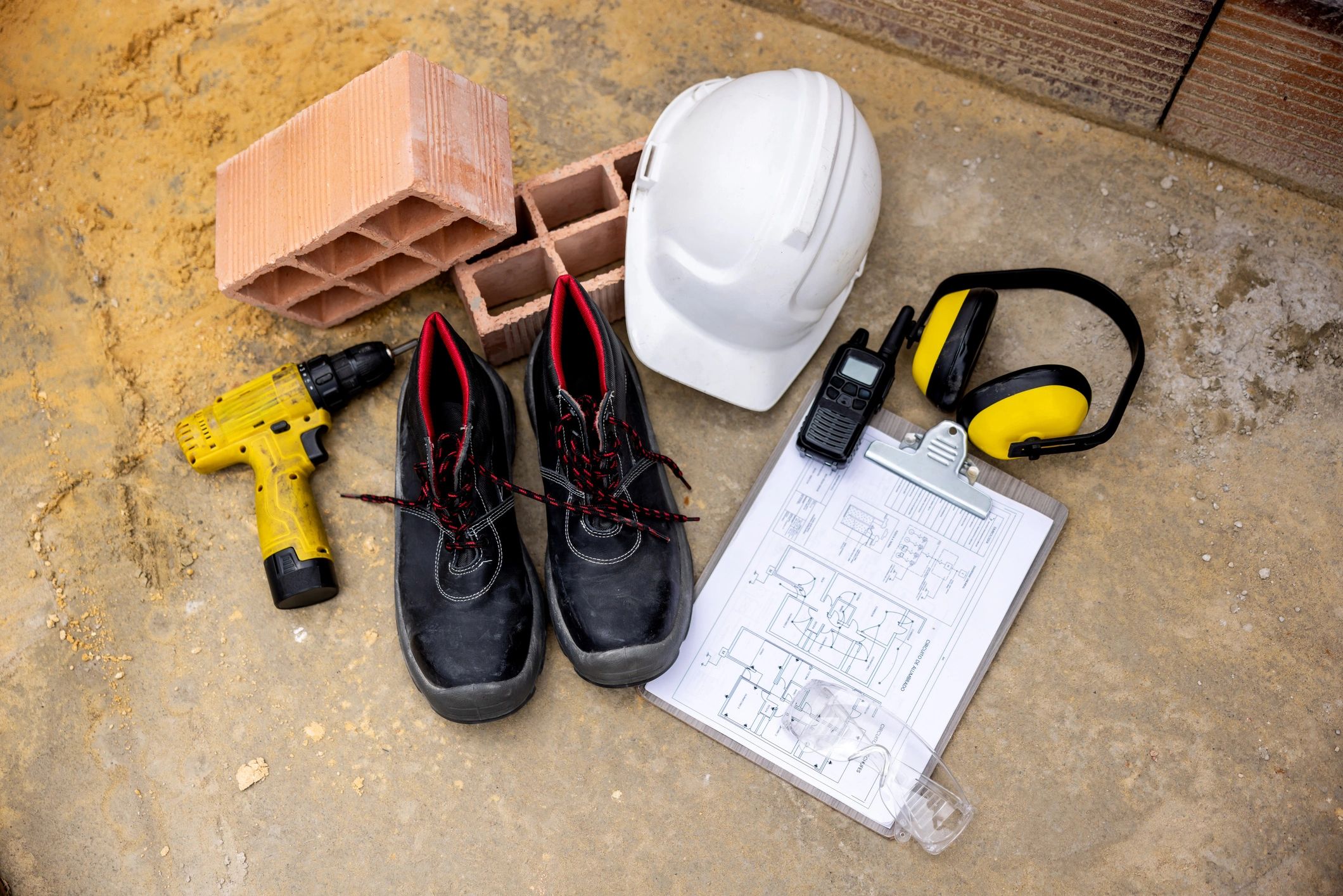 Close-up of construction tools and protective workwear representing site readiness