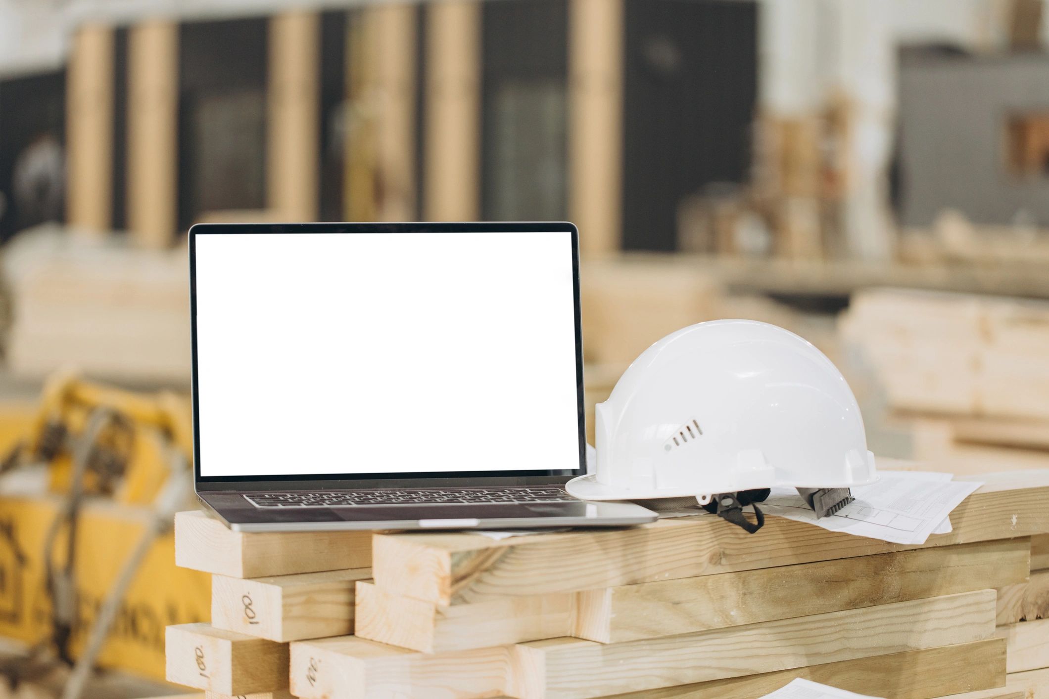 Laptop and hard hat representing construction audit reporting and documentation